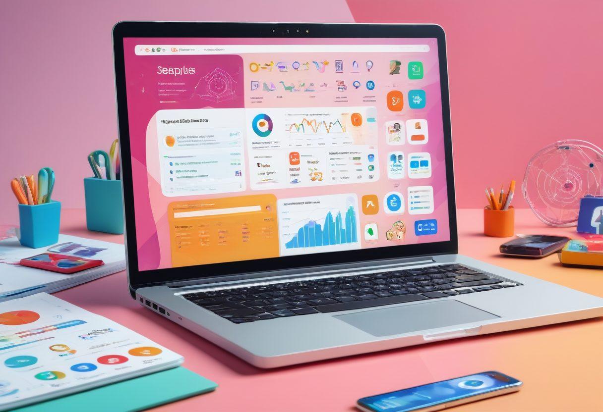 A dynamic digital marketing scene with a laptop at the center displaying a website analytics dashboard. Surrounding the laptop, vibrant icons of SEO, social media platforms (like Facebook, Twitter, and Instagram), and content creation tools (like a pen, paper, and video camera). The background features a subtle network pattern symbolizing connectivity. vibrant colors, 3D.